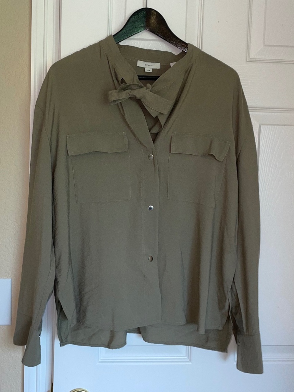 Vince Silver Olive Ecovero Viscose Tie-Neck Utility Blouse - Size Medium